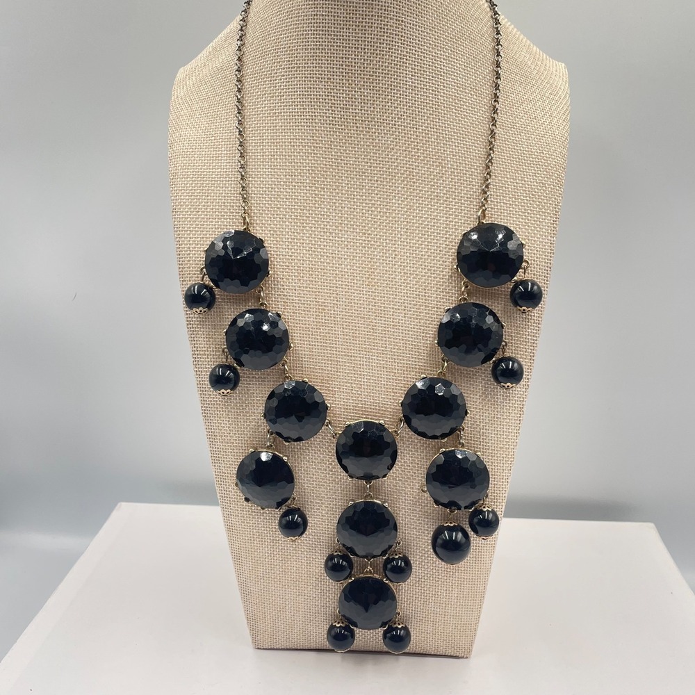 Vintage Black Faceted Statement Necklace Gold Tone Bib Chunky Drop Collar Beads